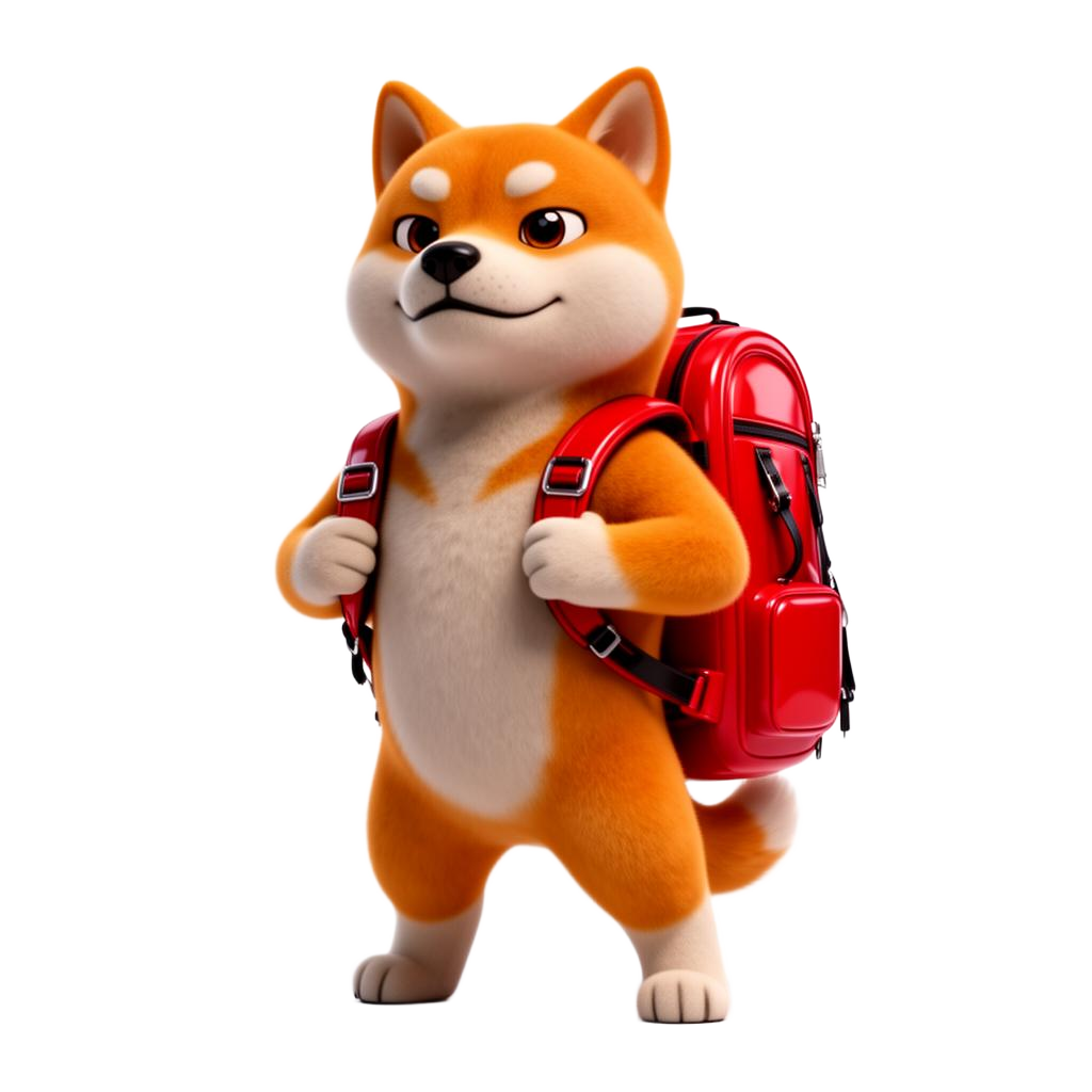 ๐ BAG mascot, orange Shiba Inu with red backpack